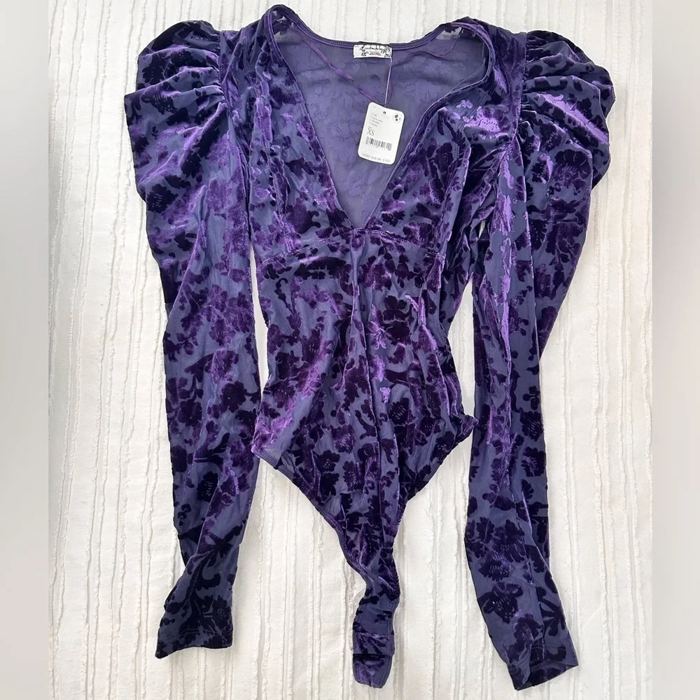 NWT Free People Magic Hour Velvet Bodysuit (Color Deep Sea Combo) Size XS